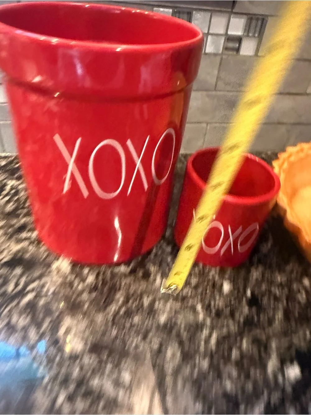 Red 'XOXO' Rae Dunn Kitchen Crock- with smaller xoxo matching cup